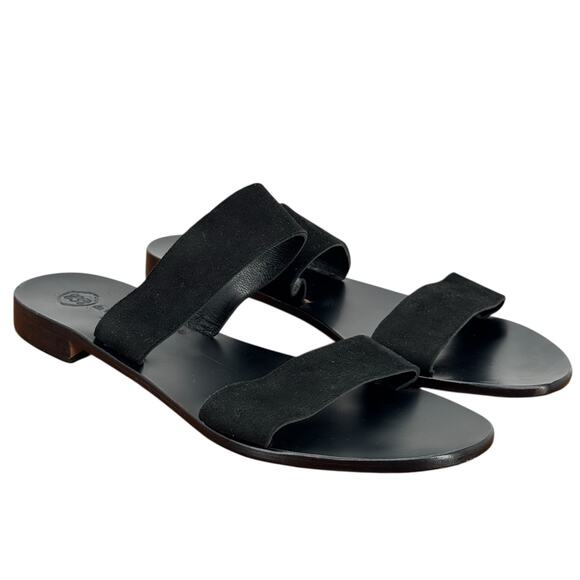 Da Costanzo Capri Double Strap Leather Sandal Slide Flats 40 Women's Black Italy - Picture 1 of 11